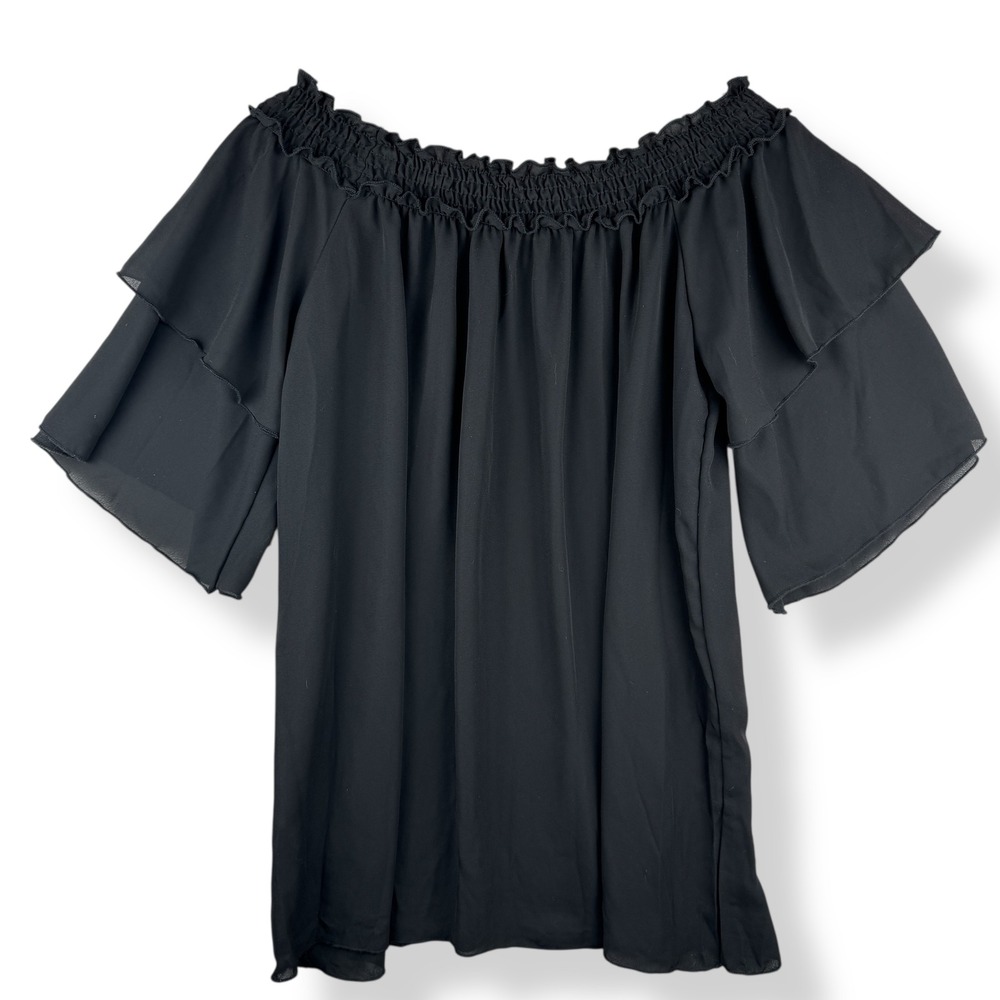 Adora Womens Black Ruffle Y2K Top Size Large Off Shoulder Dark Coquette Flowy